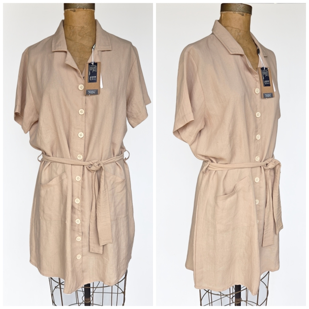 NWT Petrol Tan Button Front Tie Waist Tan Dress, XL